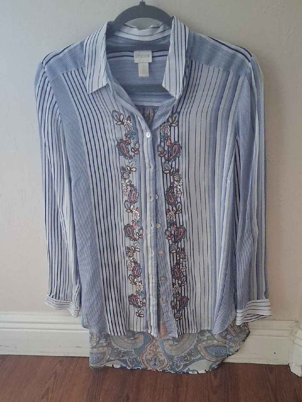 Chico's Light Blue Striped Button-Down Shirt with Embroidered Front